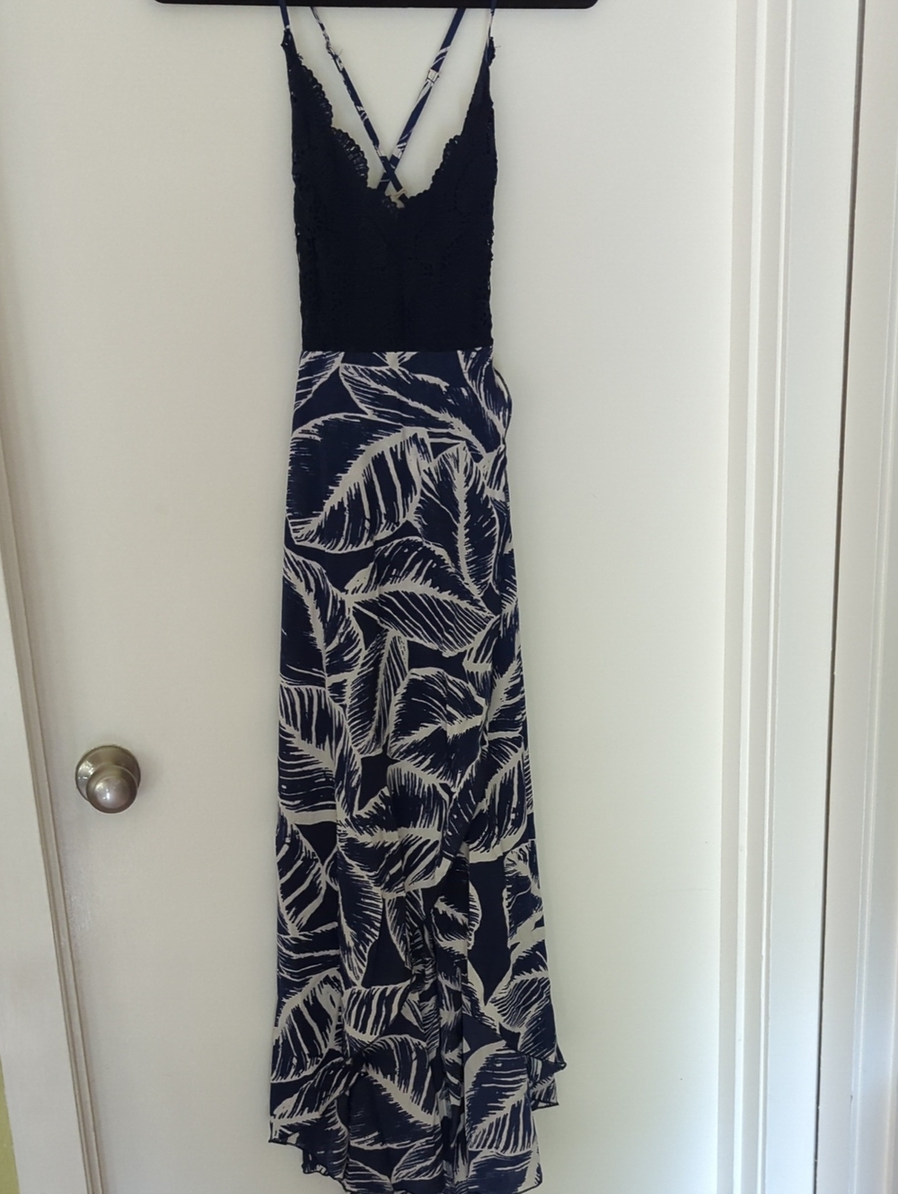 Navy and White Leaf-Print Maxi Dress with Lace Bodice